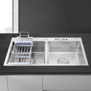 Chậu Rửa Chén 2 Ngăn Kèm Hộc Vắt Dao Inox Cao Cấp Không Sơn Navier NV-8350DTKS