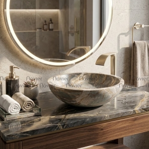 Chậu Lavabo Đá Tự Nhiên Vàng Thanh Hóa Dáng Tròn Mỏng Cao Cấp Navier NV-DK30