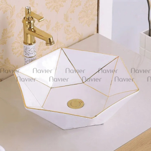 Chậu lavabo lục giác cao cấp có viền vàng Navier NV-405V