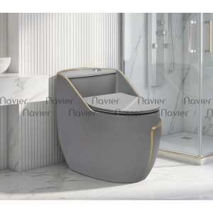 Bồn Cầu 1 Khối Xám Viền Vàng Nút Xả Lệch Navier NV-1051X