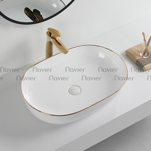Chậu Lavabo Oval Đặt Bàn Sứ Trắng Viền Vàng Cao Cấp Navier NV-341