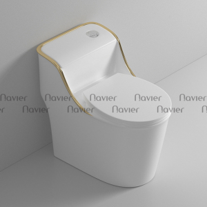 Bồn Cầu 1 Khối Trắng Viền Vàng Nút Lệch Navier NV-1013T