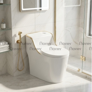 Bồn Cầu 1 Khối Trắng Viền Vàng Nút Lệch Navier NV-1013T