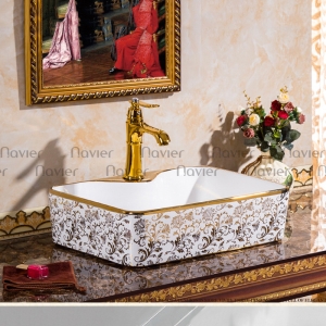 Chậu rửa mặt vuông đặt bàn hoa văn vàng Navier NV-407