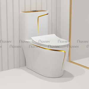 Bồn Cầu 1 Khối Navier Cao Cấp Trắng Viền Vàng NV-1007TV
