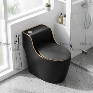 Bồn Cầu 1 Khối Đen Viền Vàng Nút Lệch NV-1013D