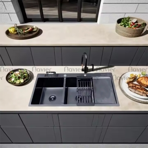 Chậu chén 2 ngăn đều liền khay inox nano Navier NV-10048C201NND