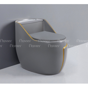 Bồn Cầu 1 Khối Xám Viền Vàng Nút Xả Lệch Navier NV-1051X