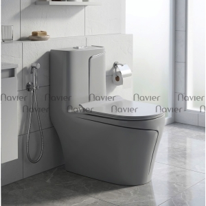 Bồn Cầu 1 Khối Navier Cao Cấp Xám Viền Đen NV-1008XMĐ