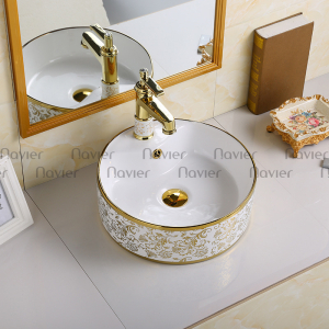 Chậu lavabo tròn đặt bàn hoa văn vàng Navier NV-406