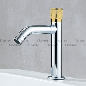 Vòi lavabo lạnh núm vàng đầu vòi xoay 360 đồng thau mạ crome Navier NV-724V
