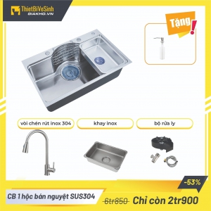 Combo Chậu Rửa Chén 1 Hộc Bán Nguyệt Inox 304 Kèm Vòi Nóng Lạnh Dây Rút Navier DLKMNV07