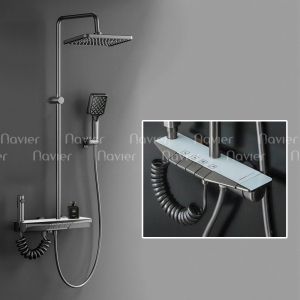 Sen Tắm Đứng Đồng Thau Sơn Tĩnh Điện Xám Phím Đàn Kèm Vòi Xịt Rửa Navier NV-9355XK
