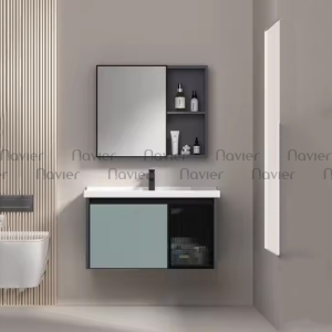 Tủ Lavabo Nhựa PVC Màu Xám Cánh Xanh Kèm Tủ Gương Navier NV-1117