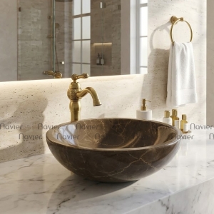 Chậu Lavabo Đá Tự Nhiên Iran Brown Dáng Tròn Mỏng Cao Cấp Navier NV-BST29