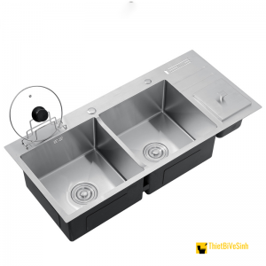 Chậu chén 2 ngăn liền khay có hố rác inox 201 cao cấp Navier NV-10048RDT