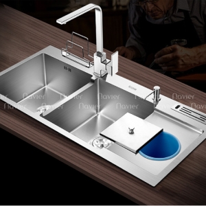 Chậu chén 2 ngăn liền khay có hố rác inox 304 chuẩn 100% Navier NV-10048RDTKS
