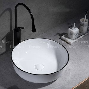 Chậu Lavabo Đặt Bàn Tròn Sứ Trắng Viền Đen Navier NV-339TD