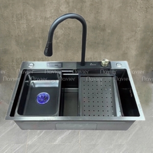 Chậu Rửa Chén 1 Hộc Nano Đen Kèm Vòi Thác Nước 3 Chế Độ Navier NV-7845DADT