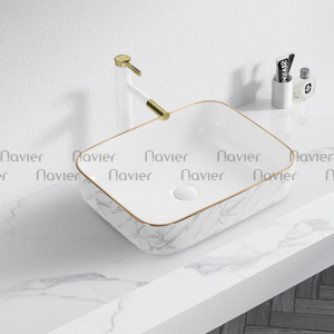 Chậu Lavabo Đặt Bàn Trắng Vân Mây Viền Vàng Navier NV-333VM