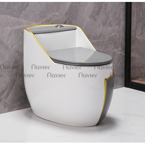 Bồn Cầu 1 Khối Trắng Xám Viền Vàng Nút Xả Lệch Navier NV-1051TX