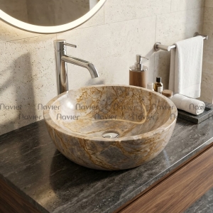 Chậu Lavabo Đá Tự Nhiên Vàng Thanh Hóa Tròn Dày Cao Cấp Navier NV-DK31