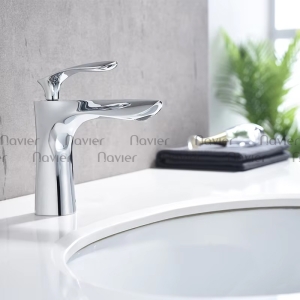 Vòi lavabo tay khuyết nóng lạnh đồng thau mạ Crome Navier NV-717 ( 20cm)
