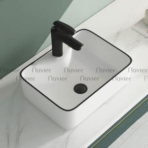 Chậu Lavabo Đặt Bàn Sứ Trắng Viền Đen Cao Cấp Navier NV-434