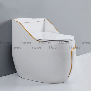 Bồn Cầu 1 Khối Trắng Viền Vàng Nút Xả Lệch Navier NV-1051T
