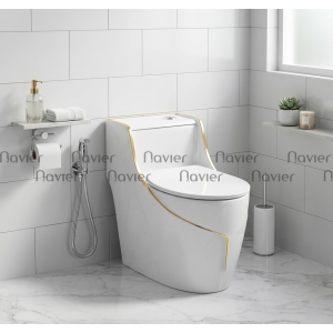Bồn Cầu 1 Khối Trắng Viền Vàng Nút Xả Lệch Navier NV-1059