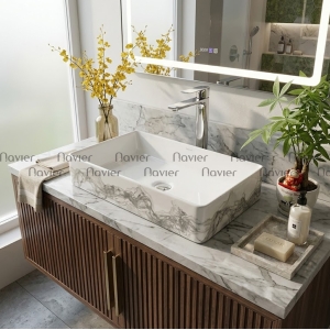 Chậu Lavabo Đặt Bàn Hình Chữ Nhật Vân Khói Sang Trọng Chính hãng Navier NV-437VK