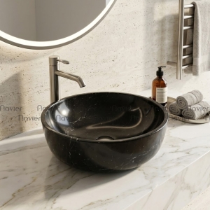 Chậu Lavabo Đá Tự Nhiên Đen Ý Dáng Tròn Dày Cao Cấp Navier NV-BST28