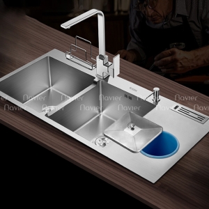 Chậu chén 2 ngăn liền khay có hố rác inox 201 cao cấp Navier NV-10048RDT