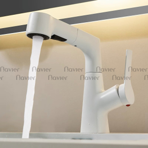 Vòi lavabo nóng lạnh đầu dây rút thân xoay 360 trắng Navier NV-635T