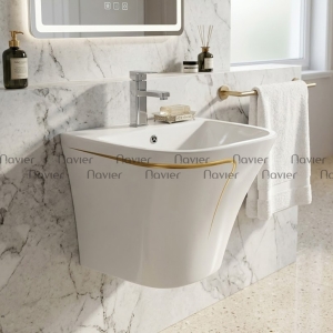 Chậu lavabo liền khối vuông treo tường trắng viền vàng Navier NV-422V