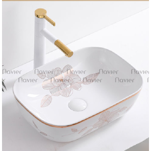 Chậu Lavabo Đặt Bàn Vuông Giác Cạnh Viền Vàng Họa Tiết Hoa Navier NV-435H