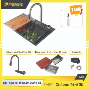 Combo Chậu Rửa Chén 1 Hộc Vòi Thác Âm 2 Chế Độ Inox Phủ Nano Đen Navier DLKMNV08