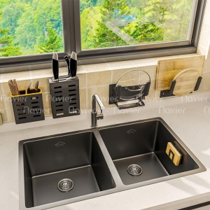 Chậu rửa chén nano đen 2 hộc đều nhau Navier NV-8245DD