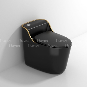 Siêu Sale Thanh Lý Bồn Cầu 1 Khối Đen Viền Vàng Nút Lệch Navier NV-1030D