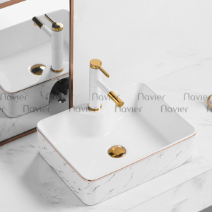 Chậu Lavabo Đặt Bàn Vuông Vân Mây Viền Vàng Navier NV-403VMVV