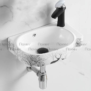 Chậu Lavabo Treo Tường Trắng Hoạ Tiết Hươu Cao Cấp Navier NV-345HV