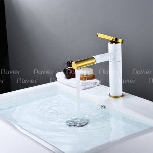 Vòi lavabo nóng lạnh xoay 360 sơn tĩnh điện trắng viền vàng Navier NV-704TV