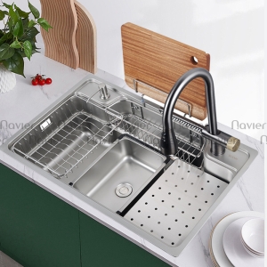 Chậu Rửa Chén Inox 1 Hộc Lớn 2 Gờ Chống Tràn Navier NV-7545H2G