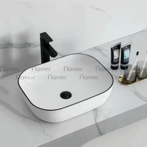 Lavabo đặt bàn vuông giác cạnh sứ trắng viền đen Navier NV-435TVDL