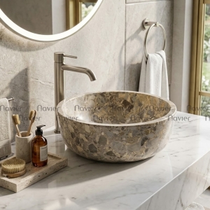 Chậu Lavabo Đá Tự Nhiên Ghi Thanh Hóa Dáng Tròn Dày Cao Cấp Navier NV-DK41
