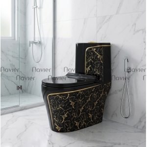 Bồn Cầu 1 Khối Đen Viền Vàng Họa Tiết Hoa Văn Cao Cấp Navier NV-1008DHV