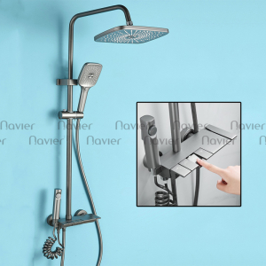 Sen Tắm Đứng Đồng Thau Sơn Tĩnh Điện Xám Phím Đàn 4 Nút Chỉnh Nước Kèm Vòi Xịt Rửa Navier NV-9355XA
